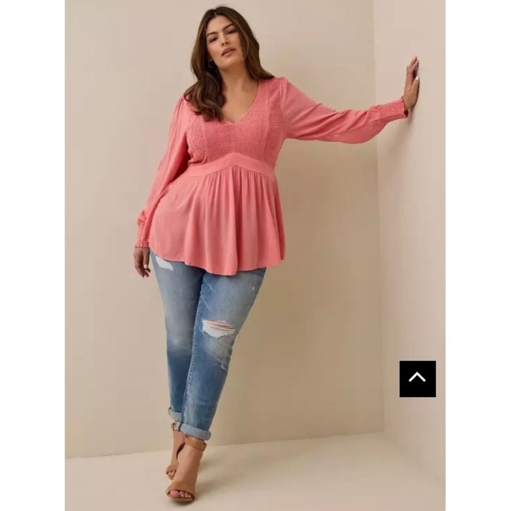 Torrid Pink Long Sleeve Smocked Babydoll Peplum Top Plus Size 3 3X Gauze New